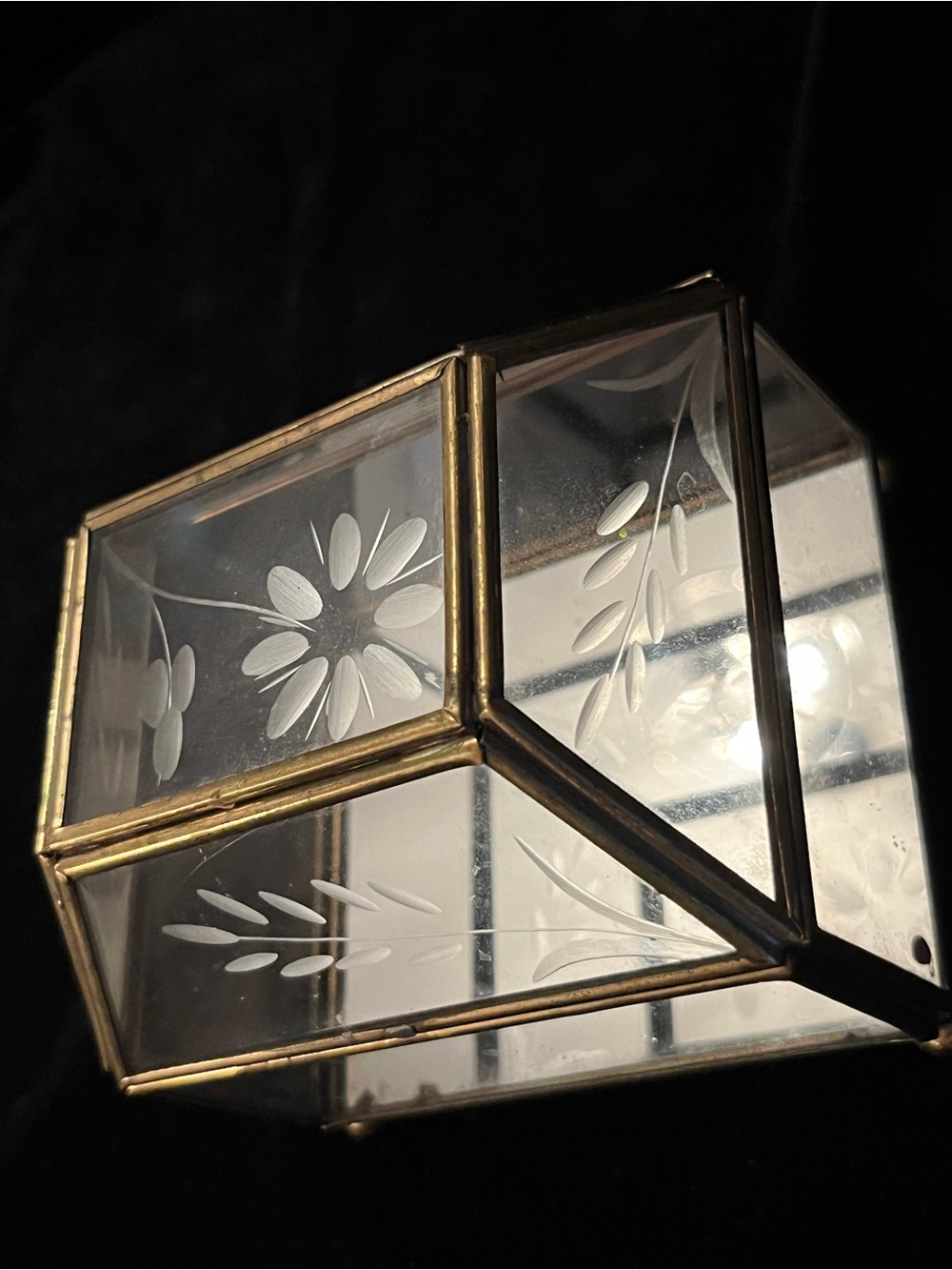 Vintage etched floral design glass and metal mirrored trinket-jewelry box
